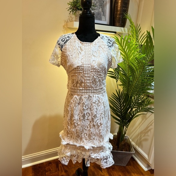 PrettyLittleThing White & Nude Frill Hem Lace Bodycon Dress 8 - Picture 8 of 9